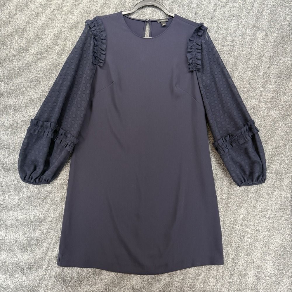Ann Taylor Dress Womens 8 Blue Shift Sheer Sleeve Old Money Quiet Luxury Preppy